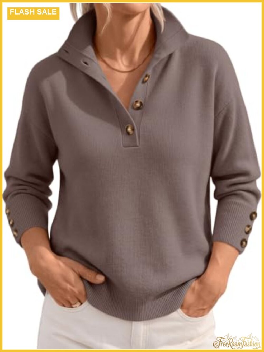 Women's Stand Collar Henley Knit Sweater Viscose Blend Pullover